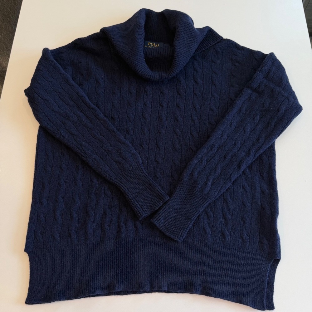 Polo Ralph Lauren Navy Cable Knit Merino Wool Cashmere Cowl Neck Sweater Women M